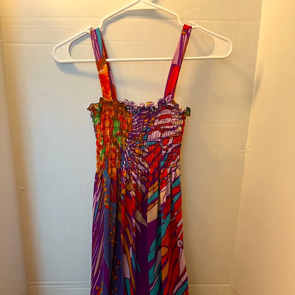 Women’s Multicolor Smocked Maxi Dress Purple Orange Boho Size M